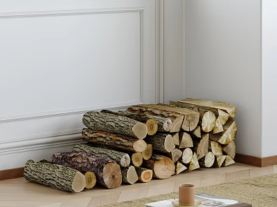 Decorative Wood Log Set Stacked in Corner by White Wall with Natural Wooden Pieces 3d model