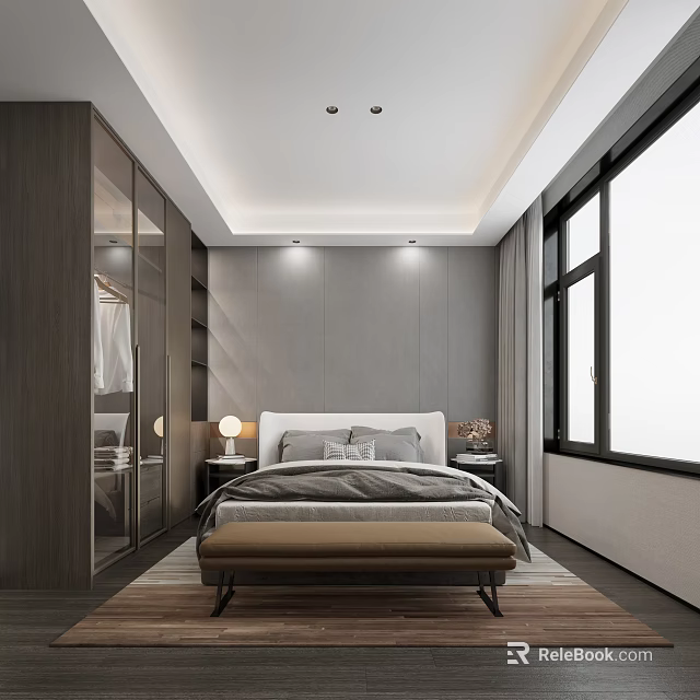 Modern Light Luxury Bathroom With Grey Matte Finishes And Recessed Lighting Next To Large Window 3d model 