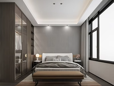 Modern Light Luxury Bathroom With Grey Matte Finishes And Recessed Lighting Next To Large Window 3d model