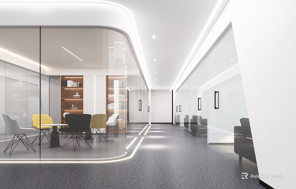 Modern Office Hallway Interior With Glass Partitions LED Lighting And Lounge Seats 3d model 