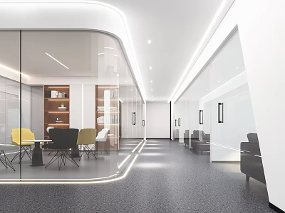Modern Office Hallway Interior With Glass Partitions LED Lighting And Lounge Seats 3d model