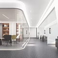 Modern Office Hallway Interior With Glass Partitions LED Lighting And Lounge Seats