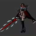 Fantasy Woman in Black Dress Red Cape Feather Accents Holding Glowing Red and Blue Longsword