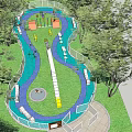 Outdoor Pet Park Featuring Blue Pathway White Fence Slides Benches And Trees