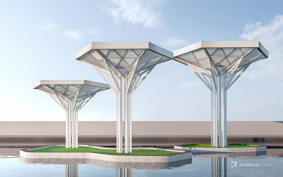 Three Modern White Pavilion Structures With Geometric Roofs And Waterfront Lawn 3d model