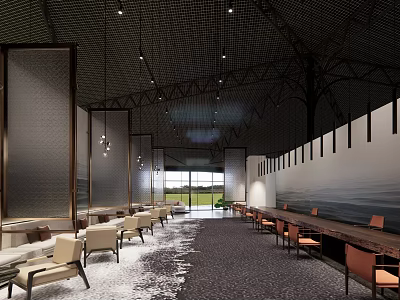 Modern Lounge Area Interior with Large Windows Natural Light Tables Chairs Grid Ceiling Patterned Flooring 3d model