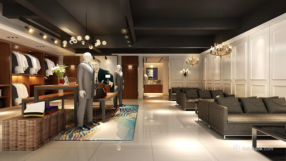Elegant Clothing Store Interior With Suited Mannequins Display Table Sofas Chandeliers And Decorative Rug 3d model 