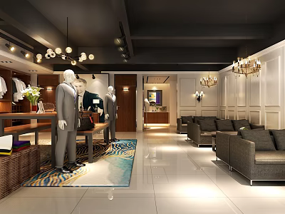 Elegant Clothing Store Interior With Suited Mannequins Display Table Sofas Chandeliers And Decorative Rug 3d model
