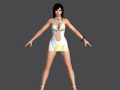 Woman In White Dress Yellow Pattern Black Hair Black Bracelet Arms Outstretched White Heels 3d model