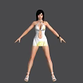 Woman In White Dress Yellow Pattern Black Hair Black Bracelet Arms Outstretched White Heels
