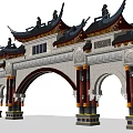 Traditional Chinese Memorial Archway with Curved Eaves Carved Decorations Red Pillars Green Lawn And Trees