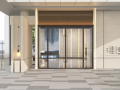 Modern Building Entrance With Glass Double Doors And Stone Wall Design 3d model