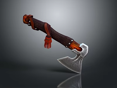 Handcrafted Battle Axe With Red Leather Handle Silver Head Sharp Blade And Decorative Accents 3d model