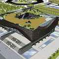 Modern Geometric Building Exterior With Metal Facade Glass Windows And Lawn Square Front Plaza