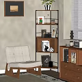 Stylish Storage Shelf in Living Room with White Chair Books Photo Frames Decorative Items