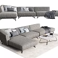 Modern Gray Plaid Sectional Sofa With Decorative Pillows Throw Blanket And Coffee Table 3d model