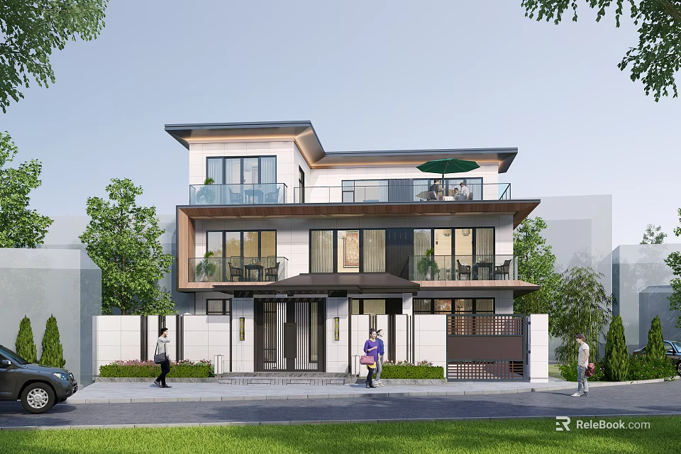 Modern Two Story Detached Villa Exterior Design With Balcony Floor to Ceiling Windows And Greenery 3d model 
