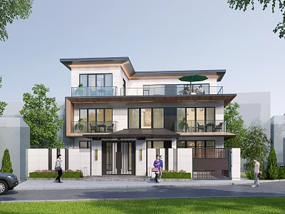 Modern Two Story Detached Villa Exterior Design With Balcony Floor to Ceiling Windows And Greenery 3d model