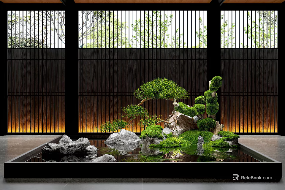 Serene Zen Style Indoor Landscape With Rockery Pine Tree Water Pool And Green Plants 3d model 