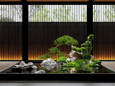 Serene Zen Style Indoor Landscape With Rockery Pine Tree Water Pool And Green Plants 3d model