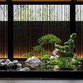 Serene Zen Style Indoor Landscape With Rockery Pine Tree Water Pool And Green Plants