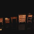 Multiple Dark Wood Bedside Tables With Drawers Lamps And Stacked Books