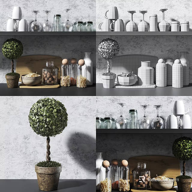 Kitchen Utensils And Storage Containers On Shelves With Glass Jars Ceramic Mugs And Decorative Topiaries 3d model 