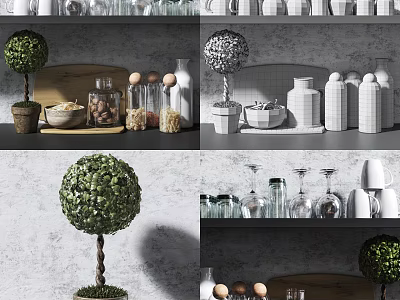 Kitchen Utensils And Storage Containers On Shelves With Glass Jars Ceramic Mugs And Decorative Topiaries 3d model