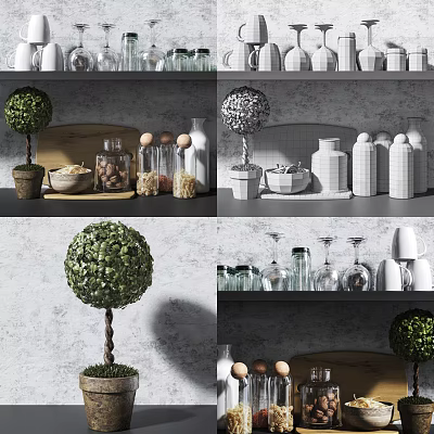 Kitchen Utensils And Storage Containers On Shelves With Glass Jars Ceramic Mugs And Decorative Topiaries 3d model