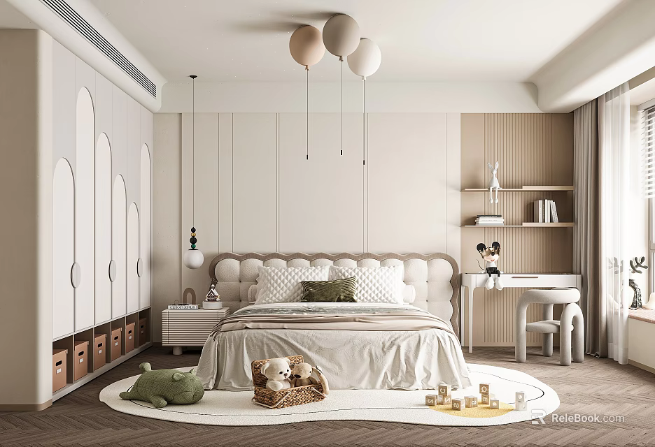 Cozy Kids Room Interior With Soft Bed Pillows Stuffed Toys And Pendant Lights 3d model 