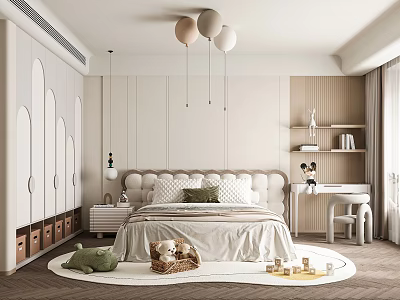 Cozy Kids Room Interior With Soft Bed Pillows Stuffed Toys And Pendant Lights 3d model