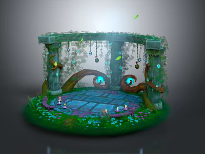 Decorative Fantasy Furniture With Stone Pillars Vines Hanging Ornaments Candles And Glowing Circular Platform 3d model