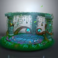 Decorative Fantasy Furniture With Stone Pillars Vines Hanging Ornaments Candles And Glowing Circular Platform