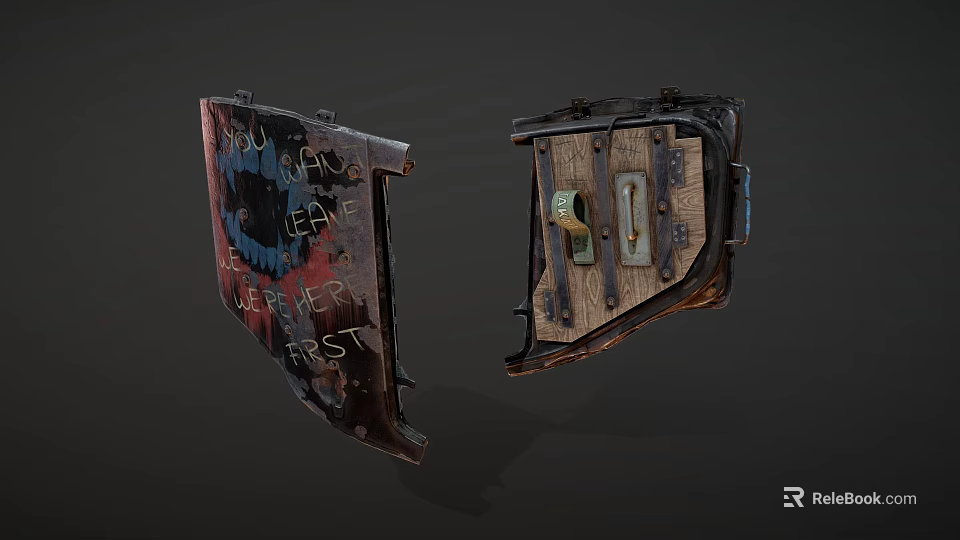 Worn Metal Shields As Medieval Defensive Weapon With Red Black Text Metal Buckle Wooden Texture 3d model 
