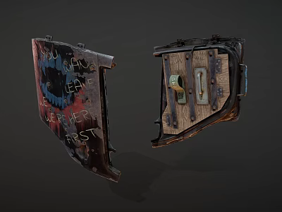 Worn Metal Shields As Medieval Defensive Weapon With Red Black Text Metal Buckle Wooden Texture 3d model