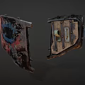 Worn Metal Shields As Medieval Defensive Weapon With Red Black Text Metal Buckle Wooden Texture