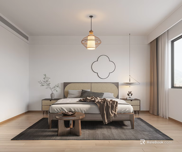 Cozy Modern Bedroom With Wooden Bed Headboard Pillows Nightstands Wall Decor And Pendant Light 3d model 