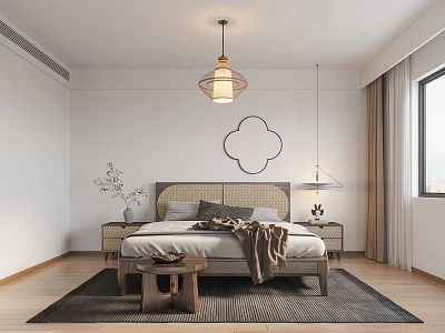 Cozy Modern Bedroom With Wooden Bed Headboard Pillows Nightstands Wall Decor And Pendant Light 3d model
