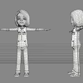 3D Cartoon Girl Character In Different Angles With Blue Vest Pink Sleeves And Outstretched Arms