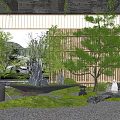 Traditional Karesansui Zen Garden With Gravel Moss Stones Bamboo Screen And Stone Lanterns