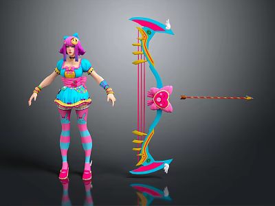 Vibrant Game Movie Character With Pink Hair Blue Dress Striped Stockings And Colorful Bow 3d model