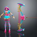Vibrant Game Movie Character With Pink Hair Blue Dress Striped Stockings And Colorful Bow