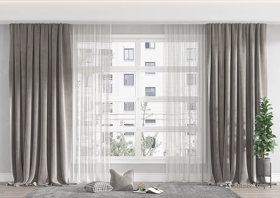 Gray Curtains And Sheer Panels For Bright Window Interior With Throw Pillow And Potted Plant 3d model 