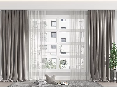 Gray Curtains And Sheer Panels For Bright Window Interior With Throw Pillow And Potted Plant 3d model