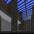 Spacious Hall Interior With Glass Roof High Ceiling Red Brick Walls And Green Plants