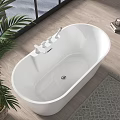 Stylish White Freestanding Bathtub By Large Window With Natural View And Wooden Floor
