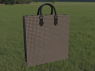 Black and White Checkered Bag with Black Handles on Green Grass Field 3d model