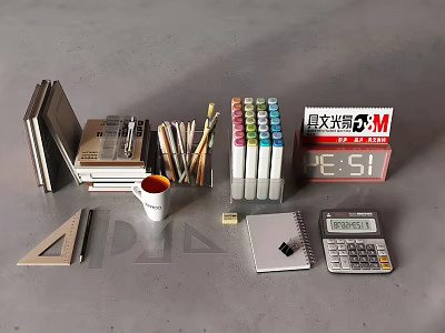 A Notebook on Desk with Colored Markers Triangle Ruler Books Mug Calculator and Sticky Notes 3d model