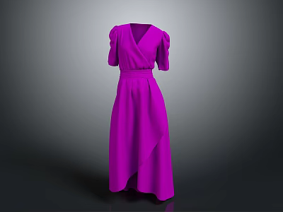 Elegant Purple V Neck Long Dress With Puffed Sleeves And Cinched Waist 3d model