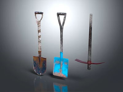Set of Three Hardware Tools Including Blue Shovel Rustic Shovel and Red Hoe 3d model